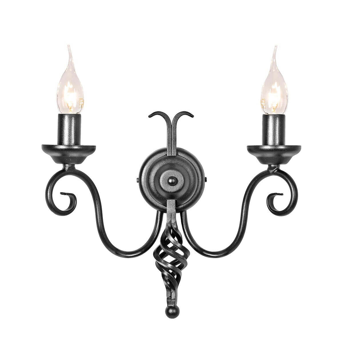 Vue de face de l'applique murale noire avec deux lumières et ampoules allumées.