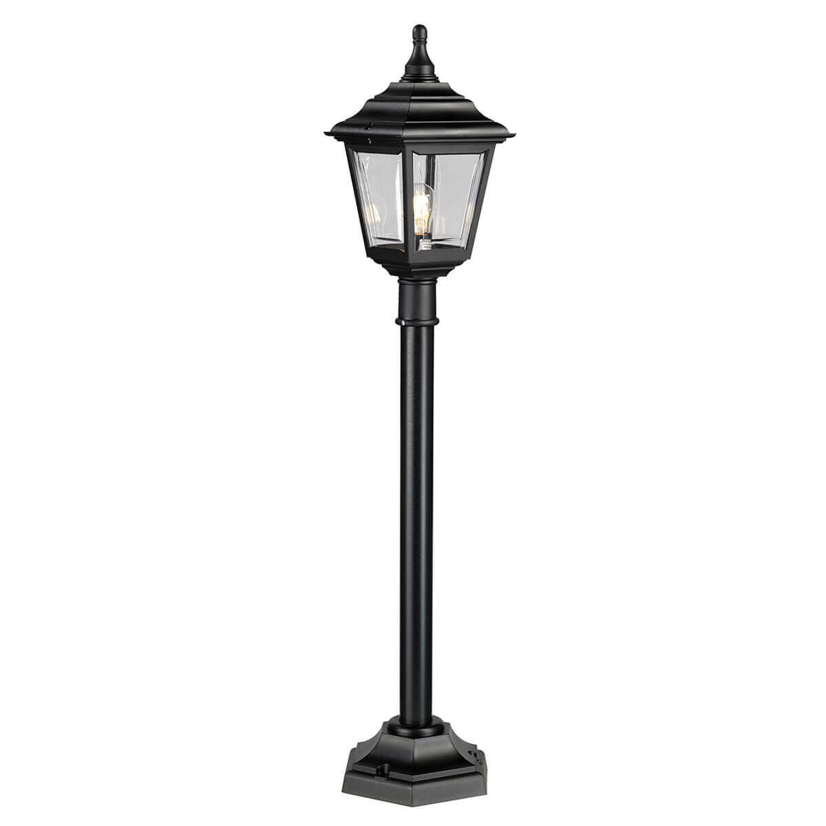 Lampadaire extérieur noir avec lanterne à verre et pied cylindrique sur fond blanc