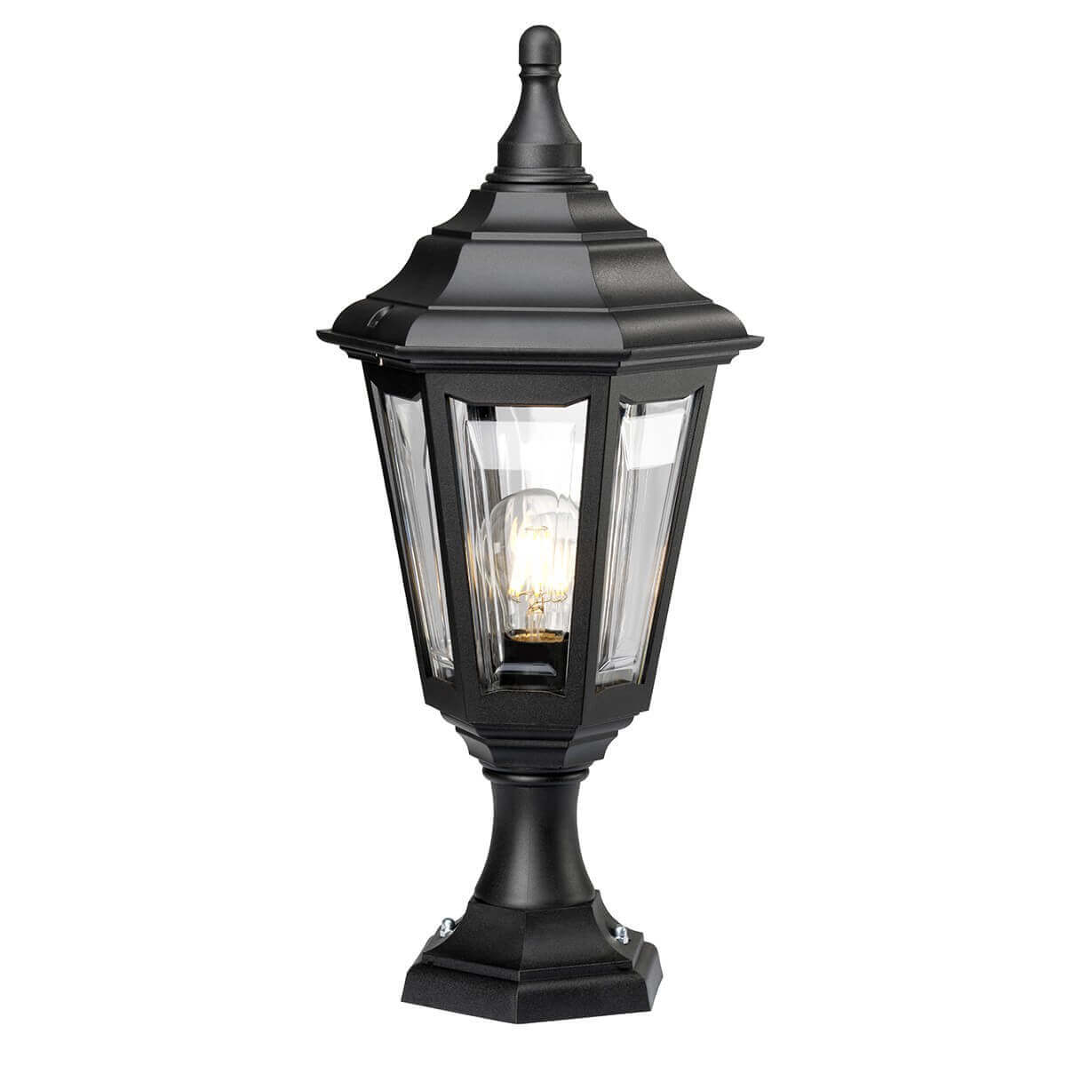 Lampadaire extérieur noir hexagonal avec ampoule visible et finition texturée