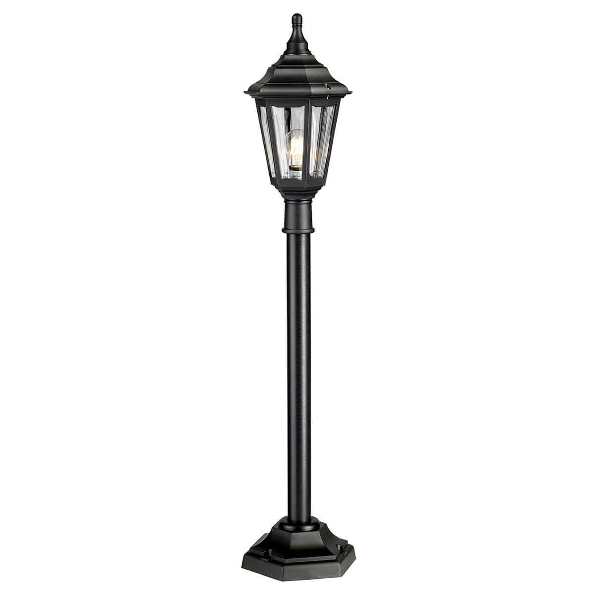 Lampadaire extérieur noir de face avec lanterne et long pied sur fond blanc