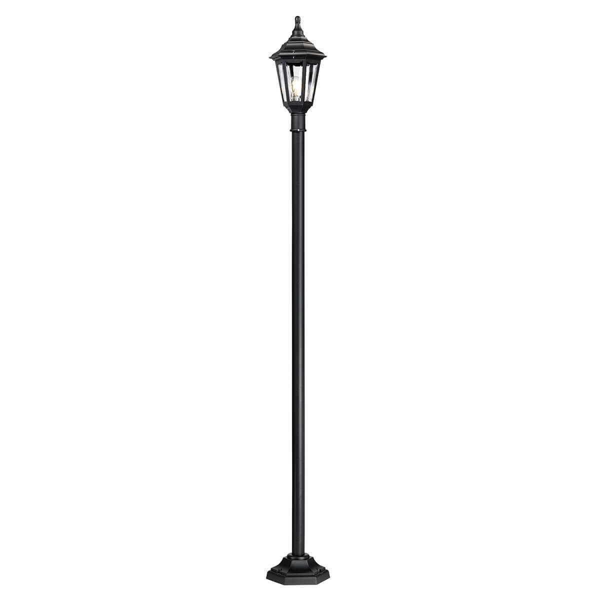 Lampadaire extérieur noir vu de face sur fond blanc, lanterne classique et long mât