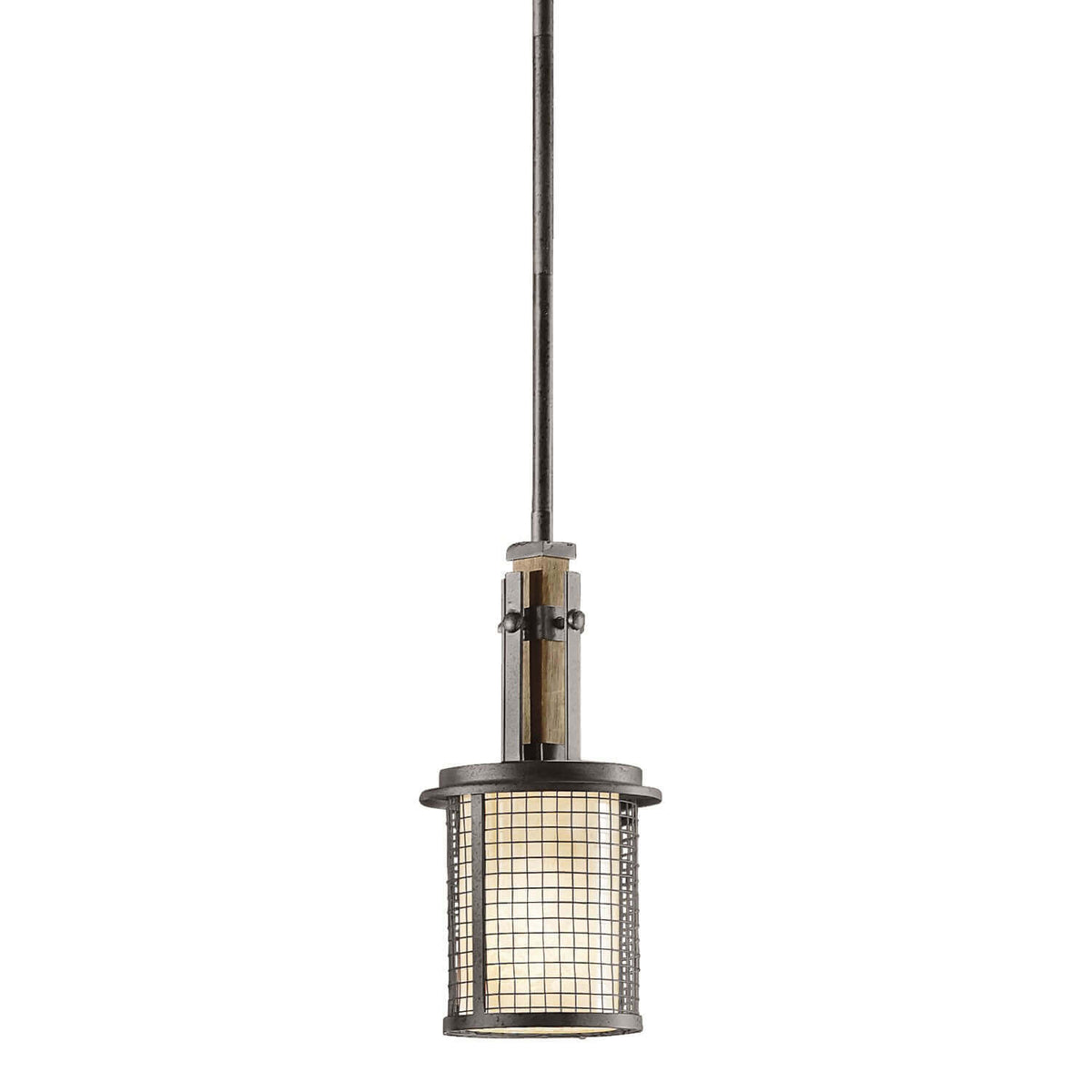 Suspension en métal gris à cage cylindrique et verre ambré, vue de face sur fond blanc.