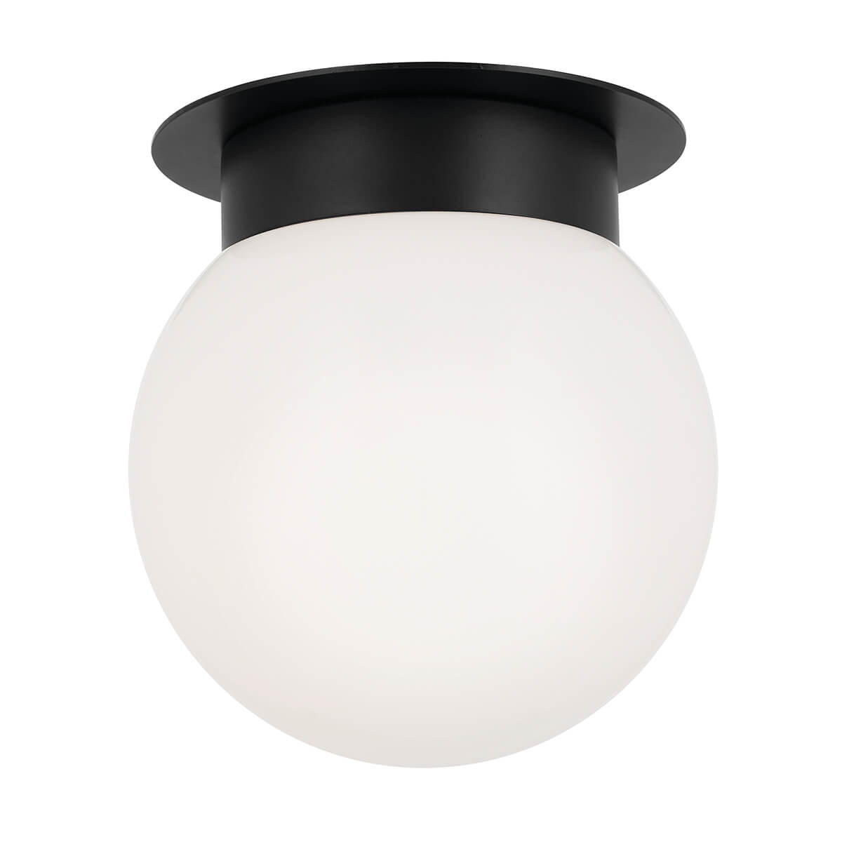 Vue de face du plafonnier noir avec sa sphère en verre opale sur fond blanc.