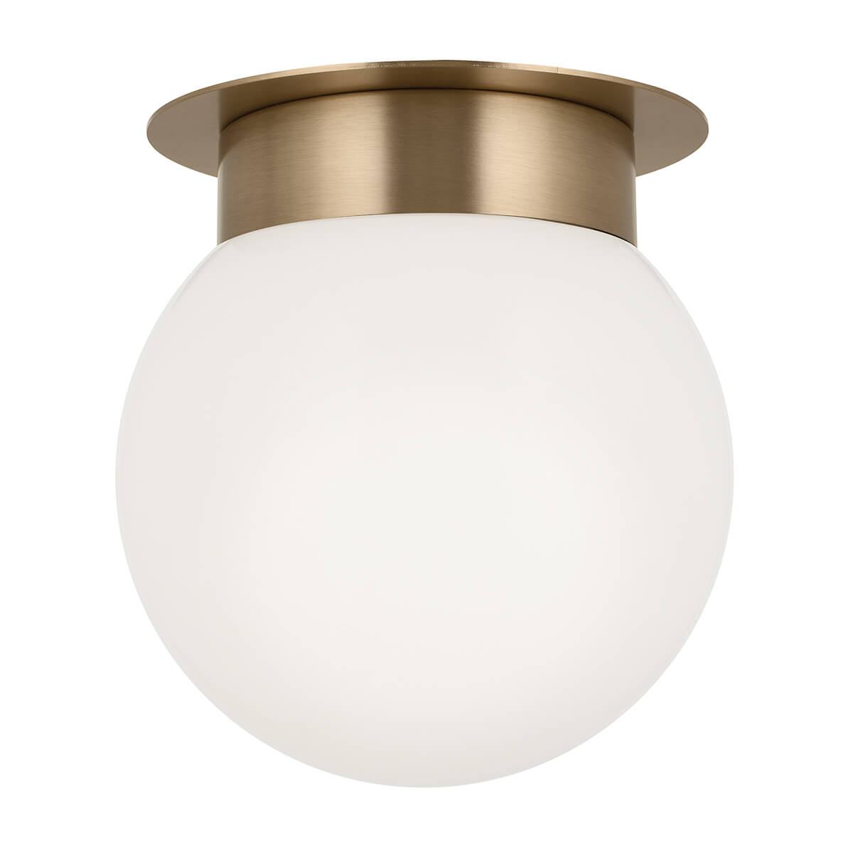 Plafonnier de face sur fond blanc, globe opale et monture en métal bronze