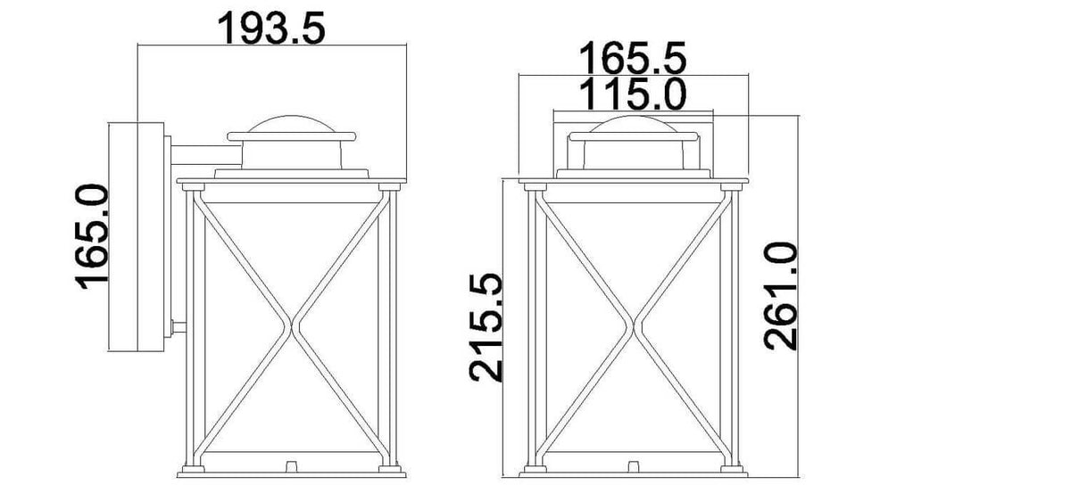Schéma coté présentant les dimensions de face et de profil du luminaire