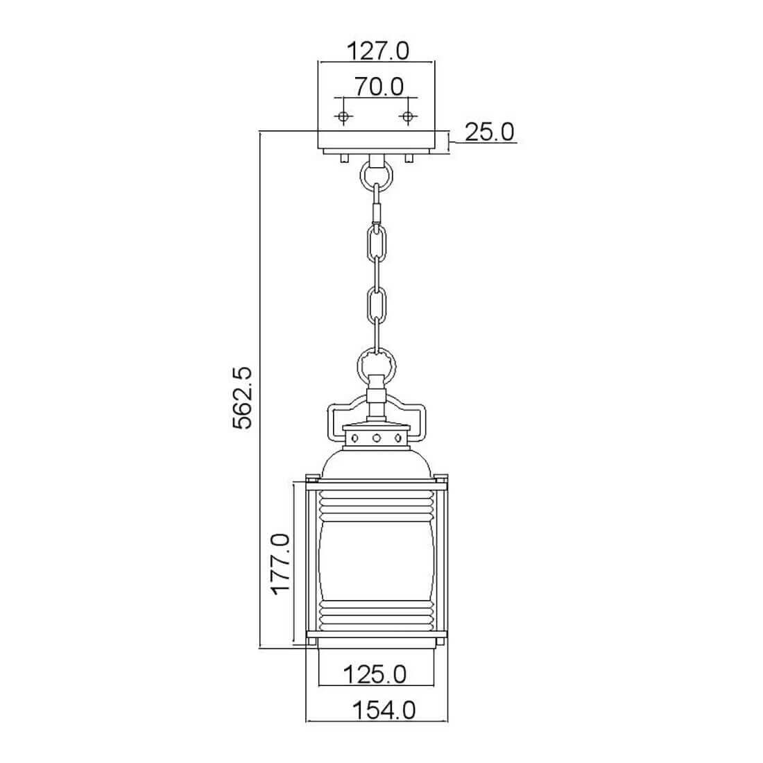 Schéma coté de la suspension avec hauteur, largeur et fixation.