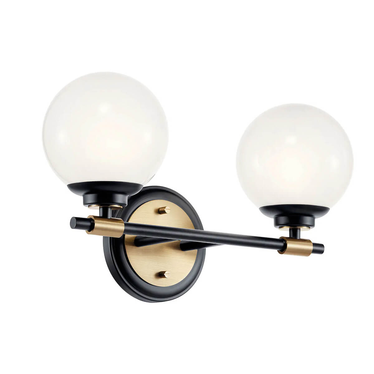 Applique murale noire et bronze avec deux globes en verre blanc, vue de trois quarts.