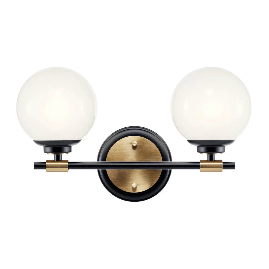 Vue de face de l'applique avec deux globes blancs et bras horizontal noir et laiton.