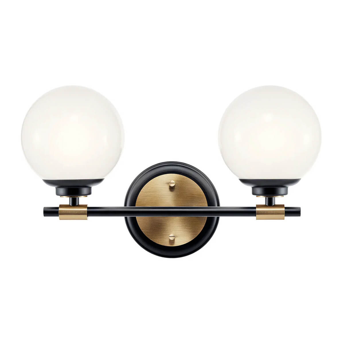 Vue de face de l'applique avec deux globes blancs et bras horizontal noir et laiton.