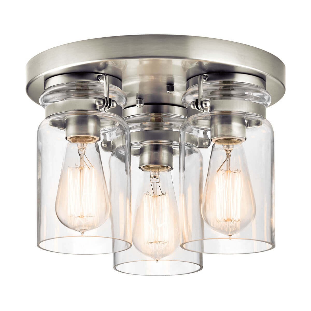 Plafonnier trois lumières vu de face, verres cylindriques transparents et ampoules allumées