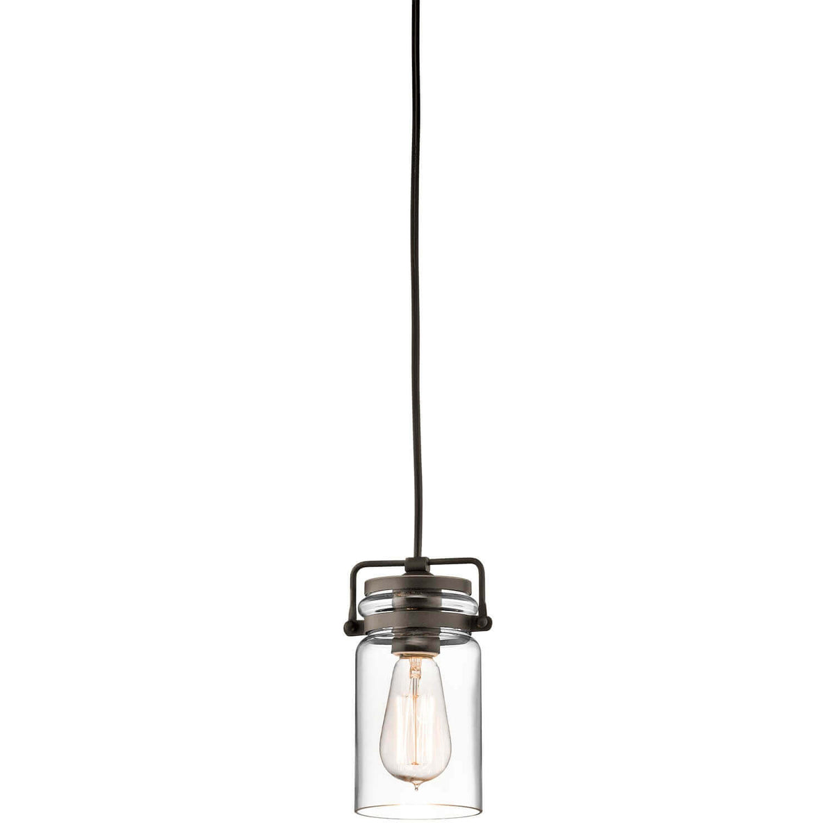 Vue de face de la suspension complète, verre cylindrique et ampoule Edison allumée