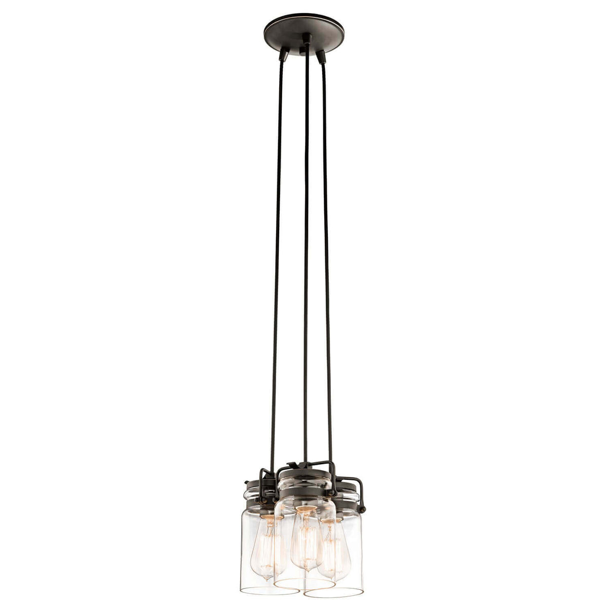 Vue de face de la suspension trois lumières avec abat-jour cylindriques en verre et ampoules Edison.