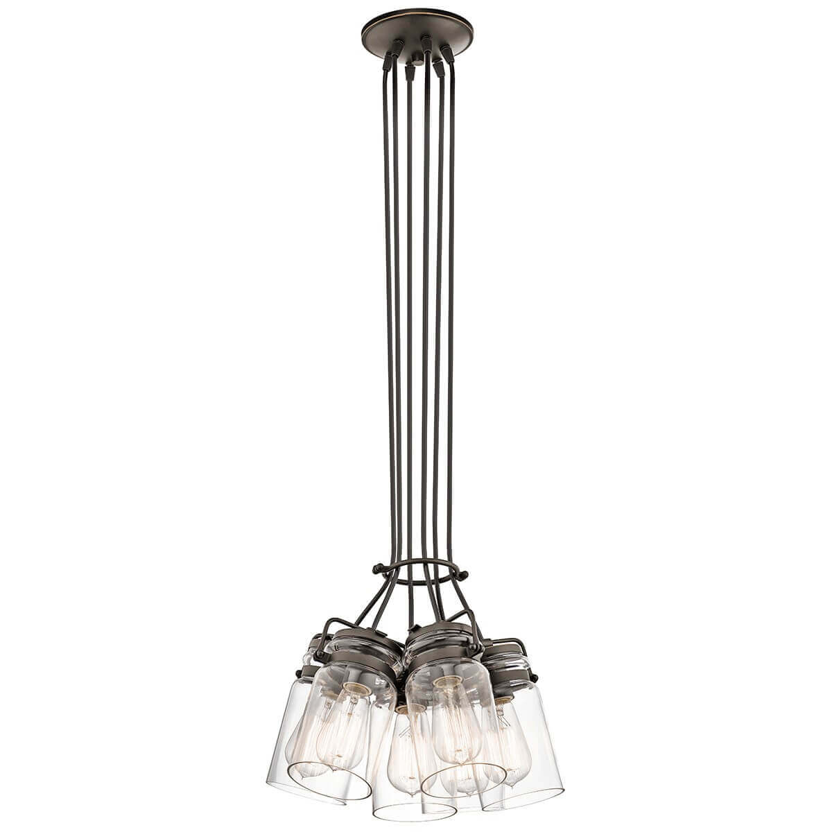Vue du luminaire suspendu détaillant les six abat-jours en verre regroupés
