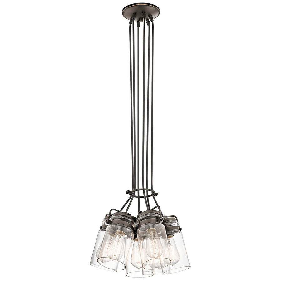 Vue du luminaire suspendu détaillant les six abat-jours en verre regroupés
