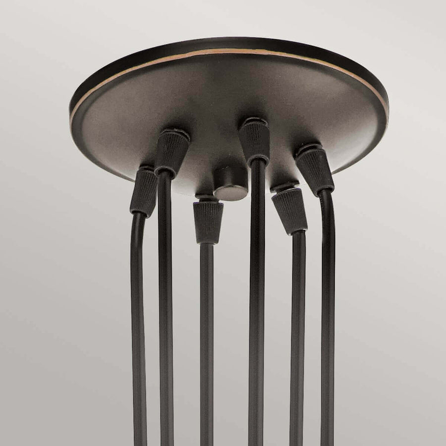 Détail de la platine de fixation au plafond avec ses six cordons noirs