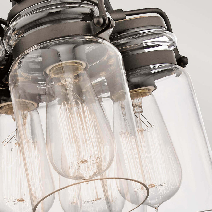 Détail rapproché des ampoules Edison visibles dans les abat-jours transparents