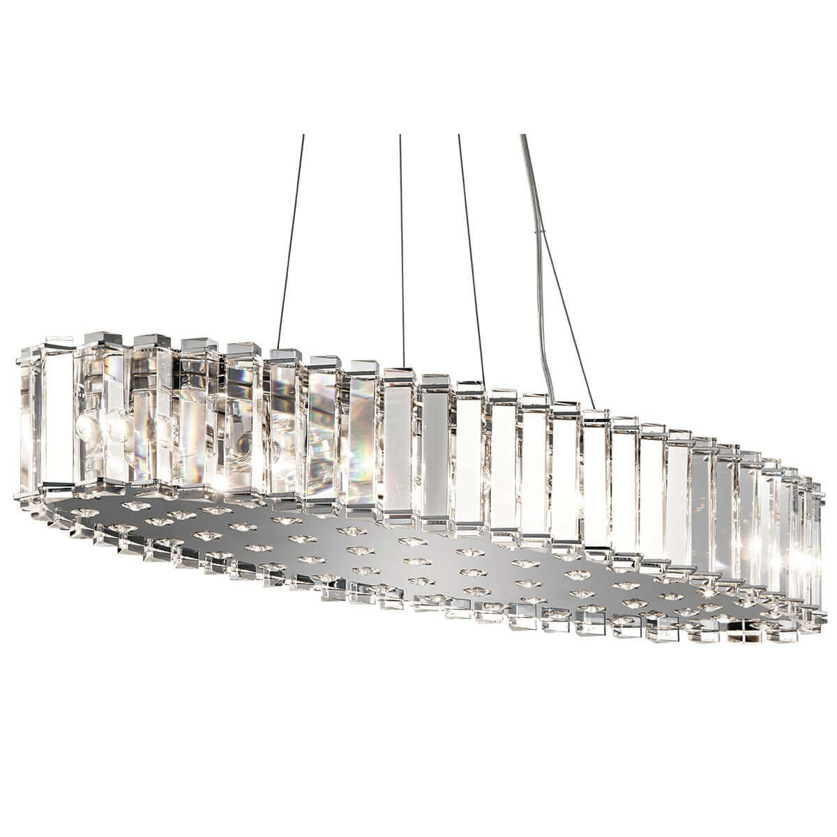 Suspension rectangulaire en cristal et chrome vue de trois quarts, douze lumières alignées en bandeau