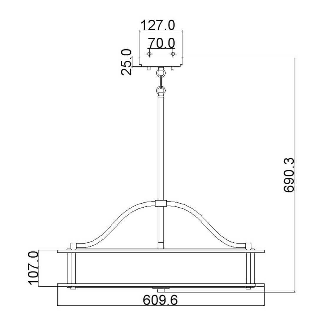 Schéma technique coté présentant la hauteur totale et le diamètre du luminaire.