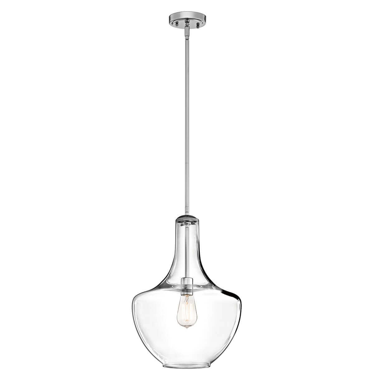 Suspension complète de face avec verre transparent, tige chromée et ampoule visible