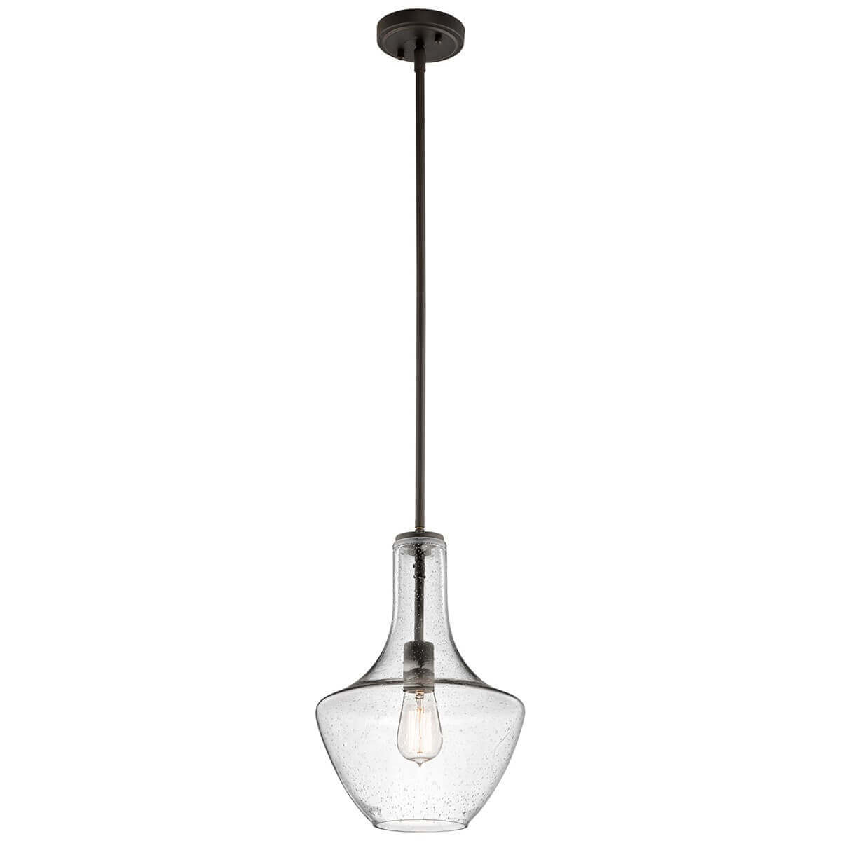 Suspension complète vue de face, verre bullé transparent et tige bronze sur fond blanc