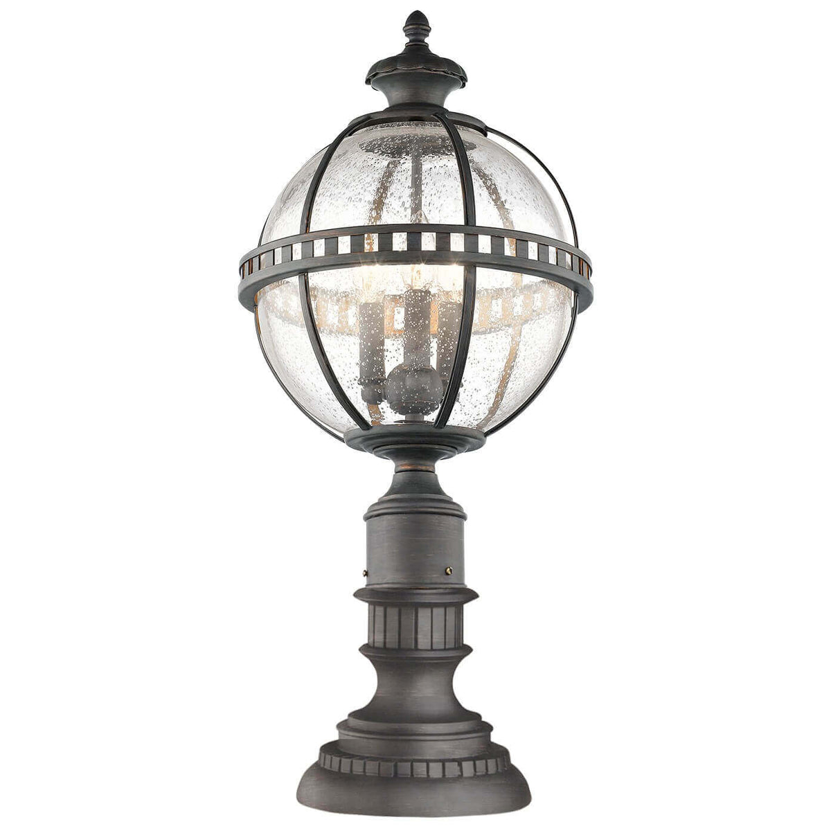 Lampadaire extérieur sur pied, globe en verre moucheté et armature métallique sombre