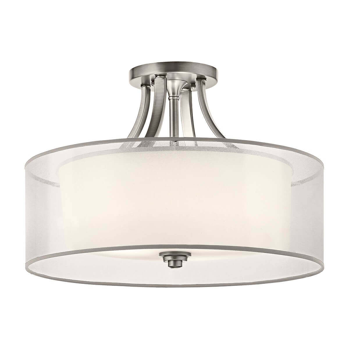 Vue de face du plafonnier rond à abat-jour cylindrique en verre et finition nickel brossé.