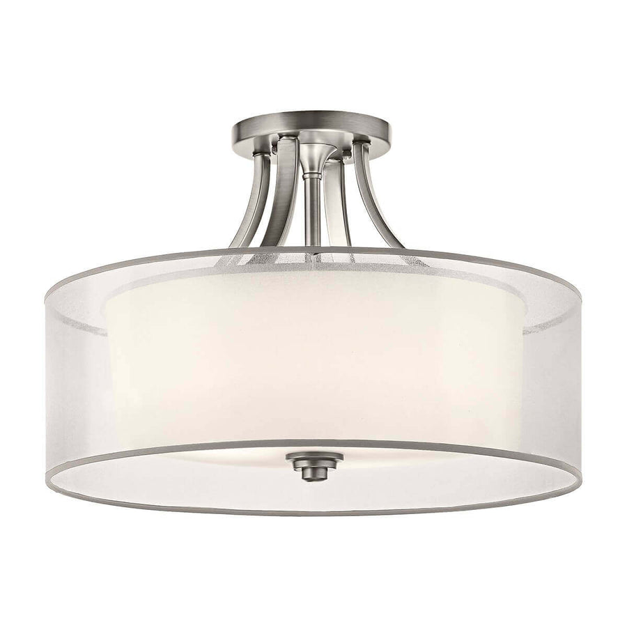 Vue de face du plafonnier rond à abat-jour cylindrique en verre et finition nickel brossé.