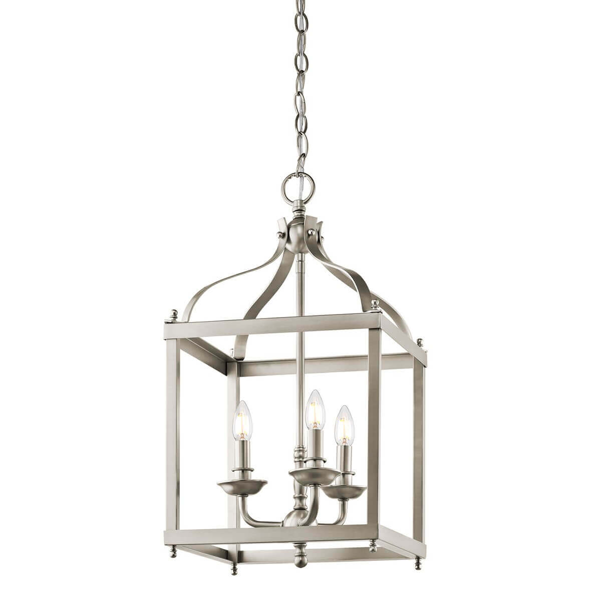 Suspension lanterne en métal nickel satiné avec trois ampoules bougies, vue de face sur fond blanc