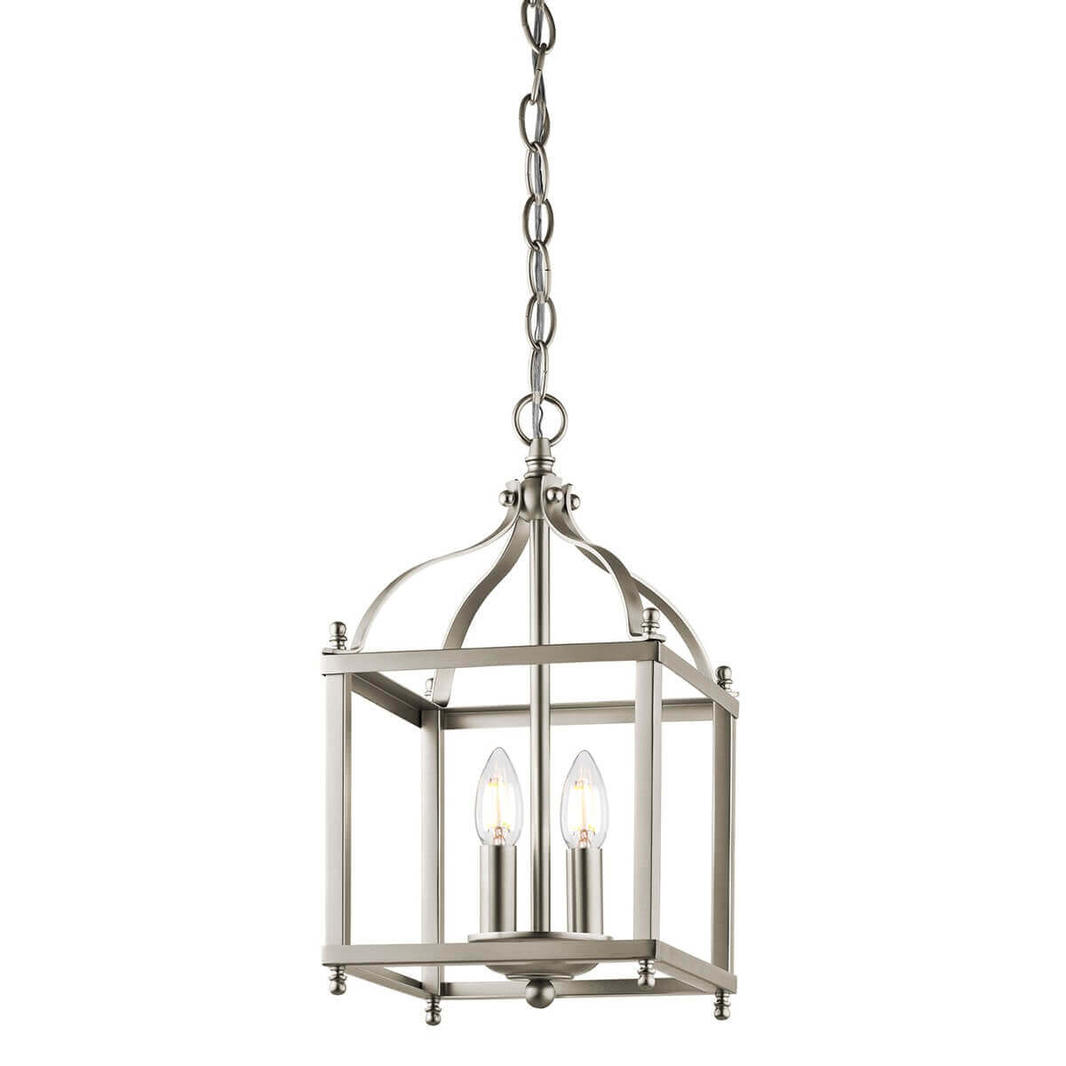 Suspension en nickel satiné avec chaîne, cage carrée et deux ampoules visibles.
