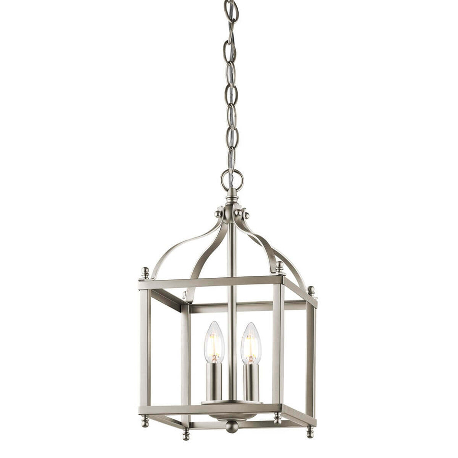 Suspension en nickel satiné avec chaîne, cage carrée et deux ampoules visibles.