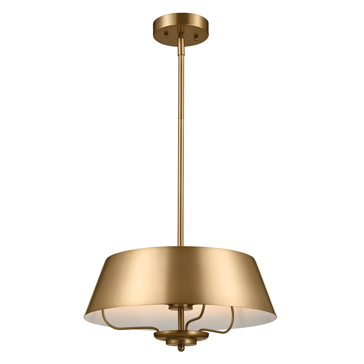 Vue de face du luminaire complet sur fond blanc, abat-jour et tige en laiton