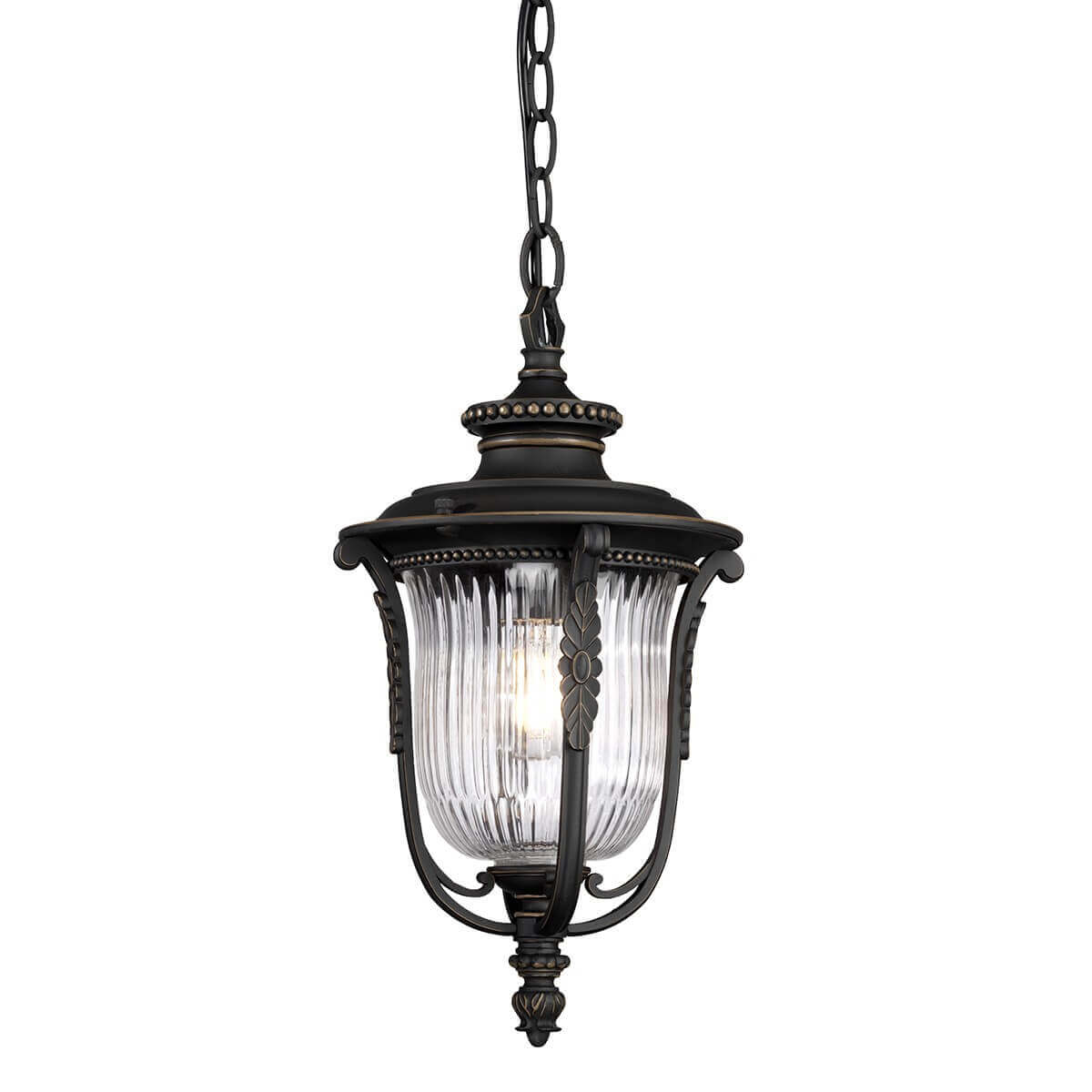 Suspension extérieure bronze foncé à verre strié transparent, vue de face sur chaîne