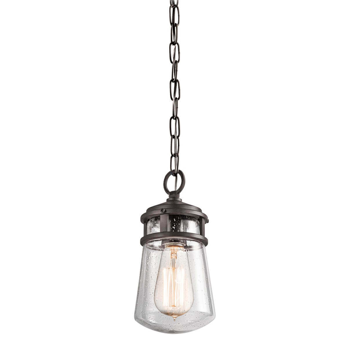 Suspension sur fond blanc avec chaîne métallique et verre moucheté transparent.