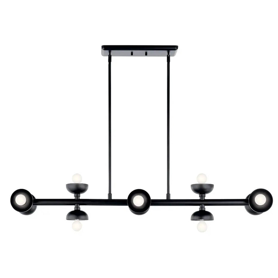 Vue de face du luminaire, longue barre noire et douilles réparties symétriquement