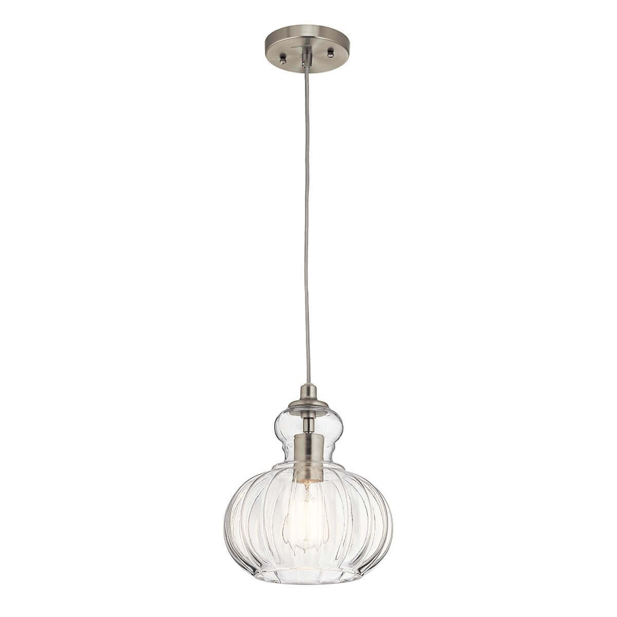 Suspension complète en verre strié et nickel satiné, vue de face sur fond blanc