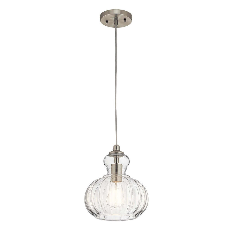 Suspension complète en verre strié et nickel satiné, vue de face sur fond blanc