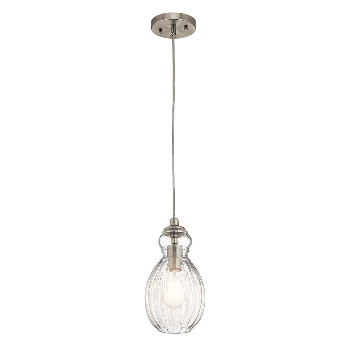 Suspension complète vue de face, verre strié transparent et finition nickel satiné