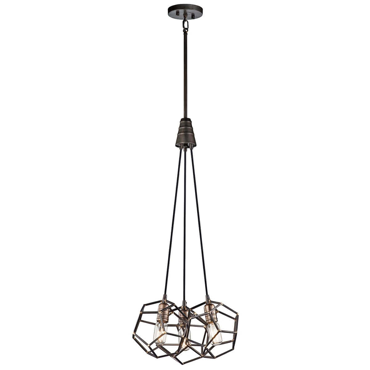 Lustre trois lumières vu de face, cages géométriques noires et douilles bronze sur fond blanc