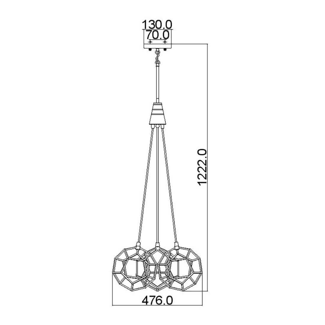 Schéma technique coté montrant hauteur totale 1222 mm et largeur 476 mm du luminaire