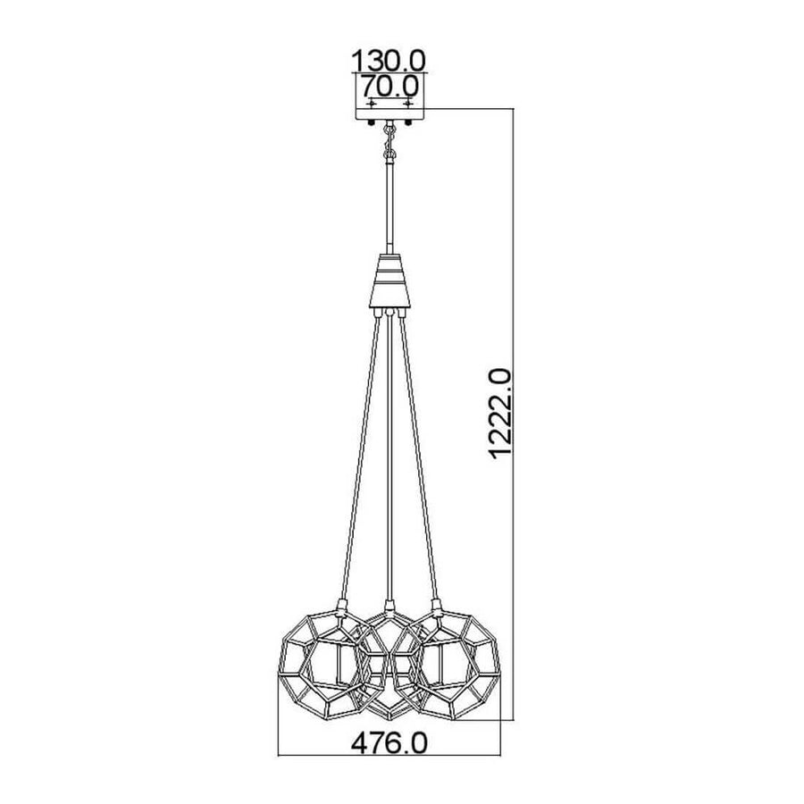 Schéma technique coté montrant hauteur totale 1222 mm et largeur 476 mm du luminaire