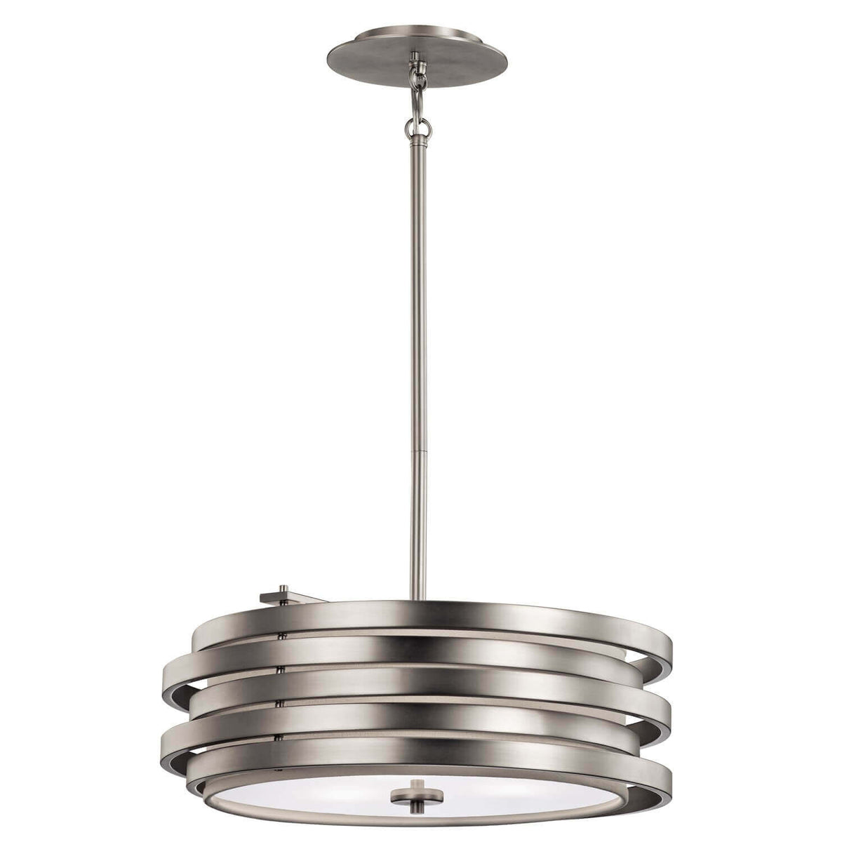 Luminaire suspendu en nickel satiné à abat-jour cylindrique, vue de face sur fond blanc.