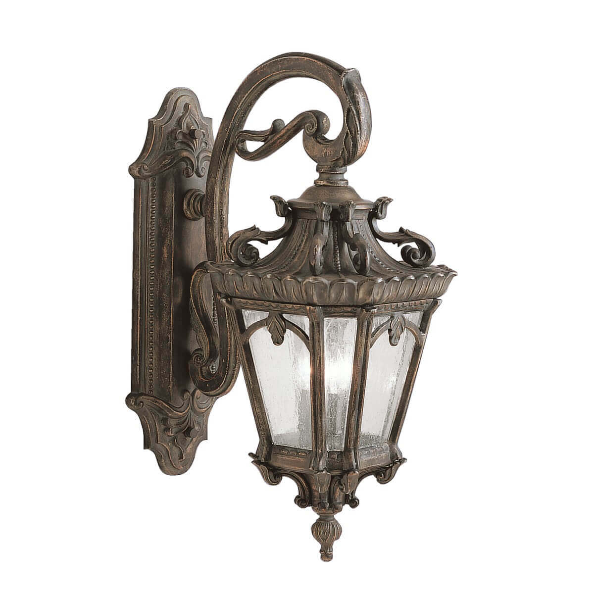 Applique murale extérieure en métal bronze avec lanterne à verre strié, vue de trois quarts.