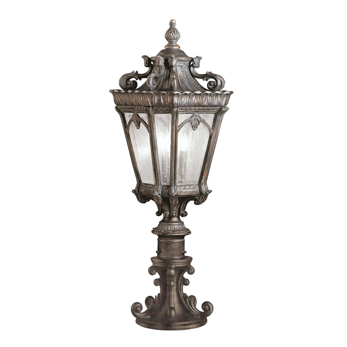 Lampadaire extérieur complet sur fond blanc, vue de face avec lanterne et base.
