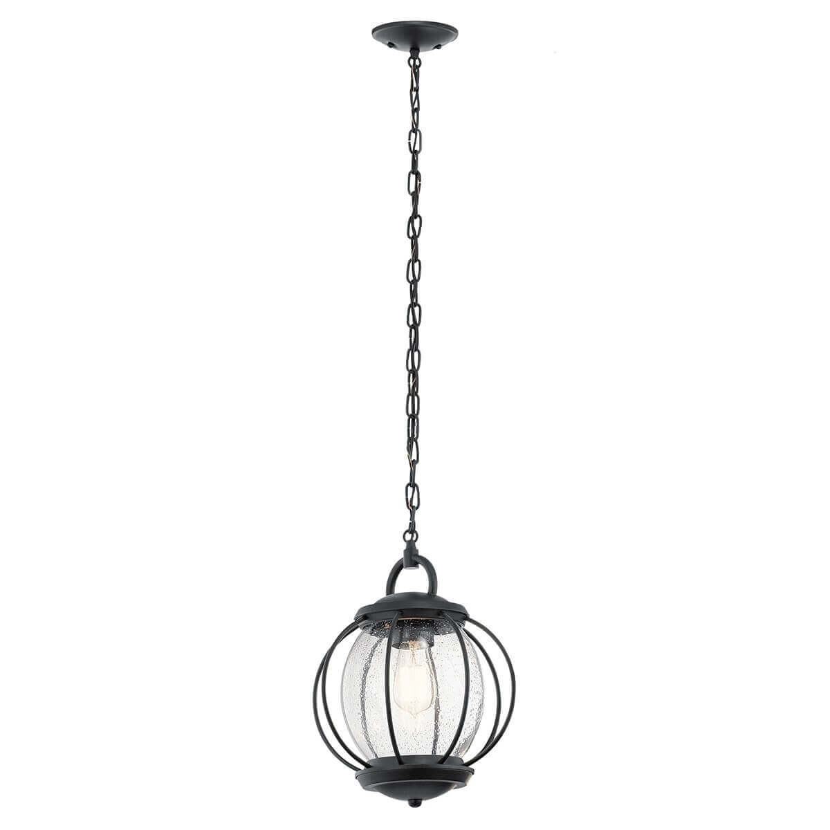 Suspension extérieure noire, cage métallique et verre moucheté avec ampoule visible.