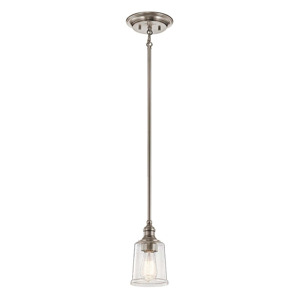 Suspension complète de face, tige métallique fine et abat-jour en verre transparent grésé