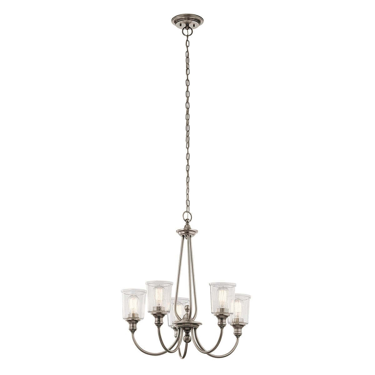 Lustre cinq lumières vu de face, chaîne longue et verres transparents graineux