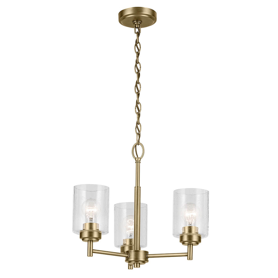 Lustre complet vu de face avec trois bras, chaîne de suspension et verre clair