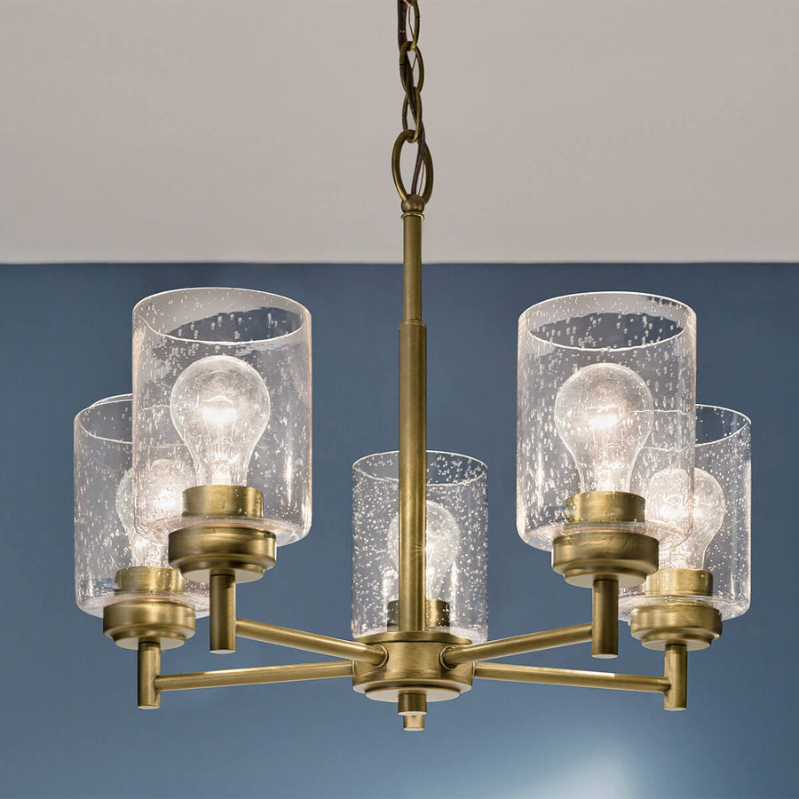 Lustre Winslow 5 lumières bois et laiton, verre