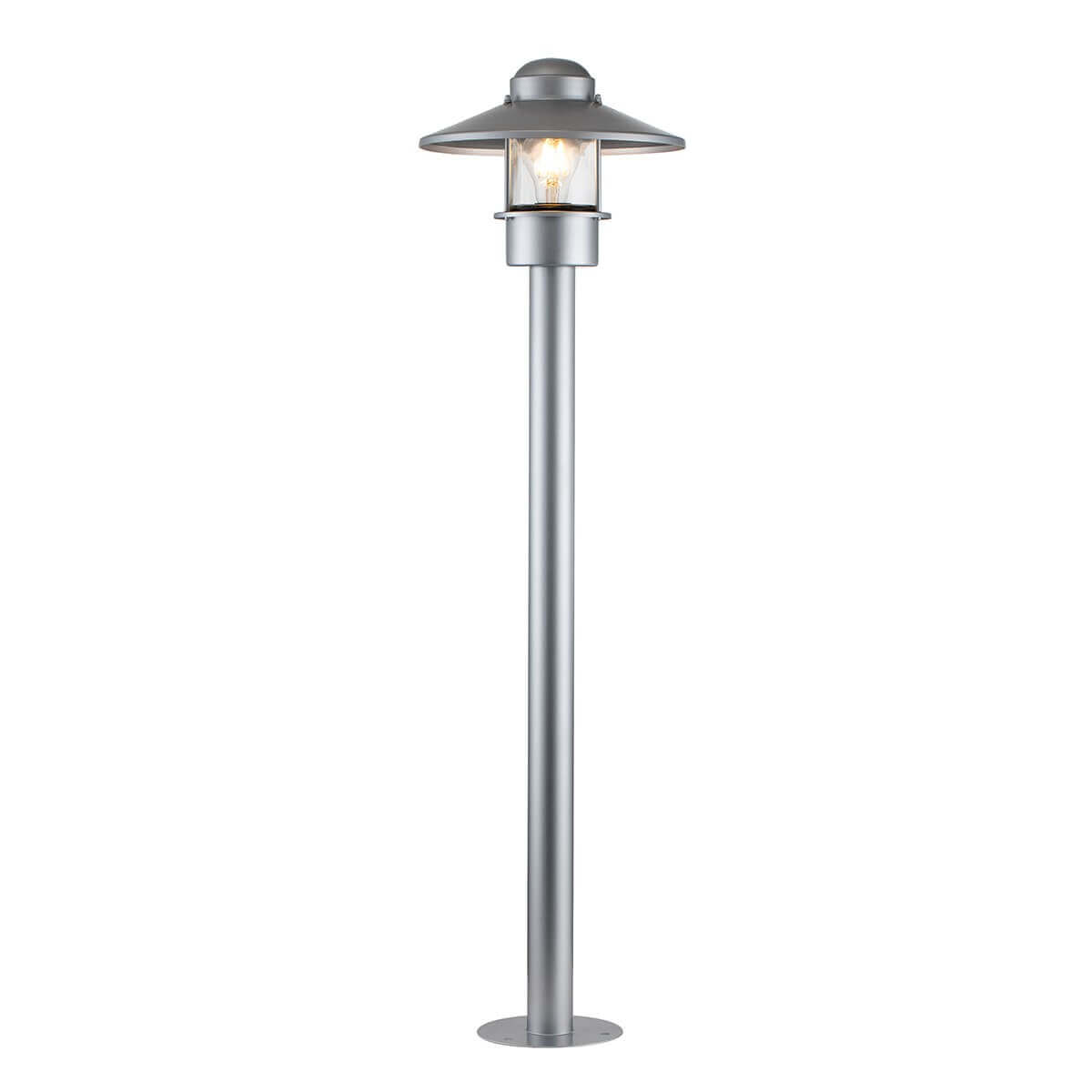Lampadaire extérieur argenté de face, pied cylindrique et lanterne vitrée allumée.