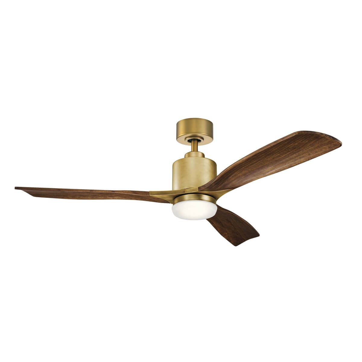 Ventilateur de plafond lumineux à trois pales en bois et corps doré, diffuseur blanc.